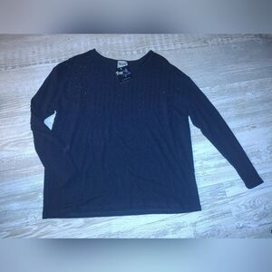 Free People Women's Black Crewneck Top with Subtle Front Embellishments